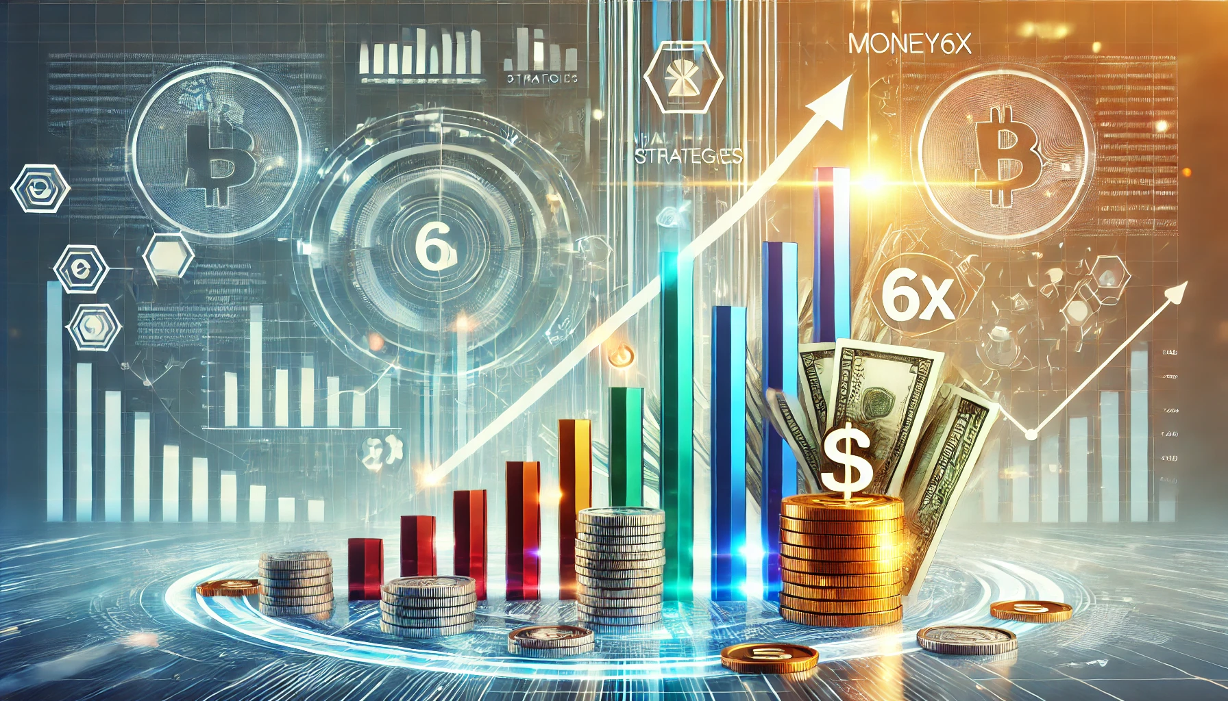 A modern financial growth concept with rising graphs and investment symbols representing money6x strategies.