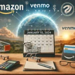 allintitle:when does amazon stop accepting venmo A digital payment graphic showing Amazon and Venmo logos with a calendar marking January 10, 2024, symbolizing the payment change.