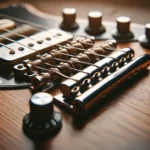 Close-up of intonation screws on a Jazzmaster guitar bridge, illustrating adjustments and mechanics. Intonation Screw Touching Jazzmaster