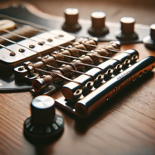 Close-up of intonation screws on a Jazzmaster guitar bridge, illustrating adjustments and mechanics. Intonation Screw Touching Jazzmaster