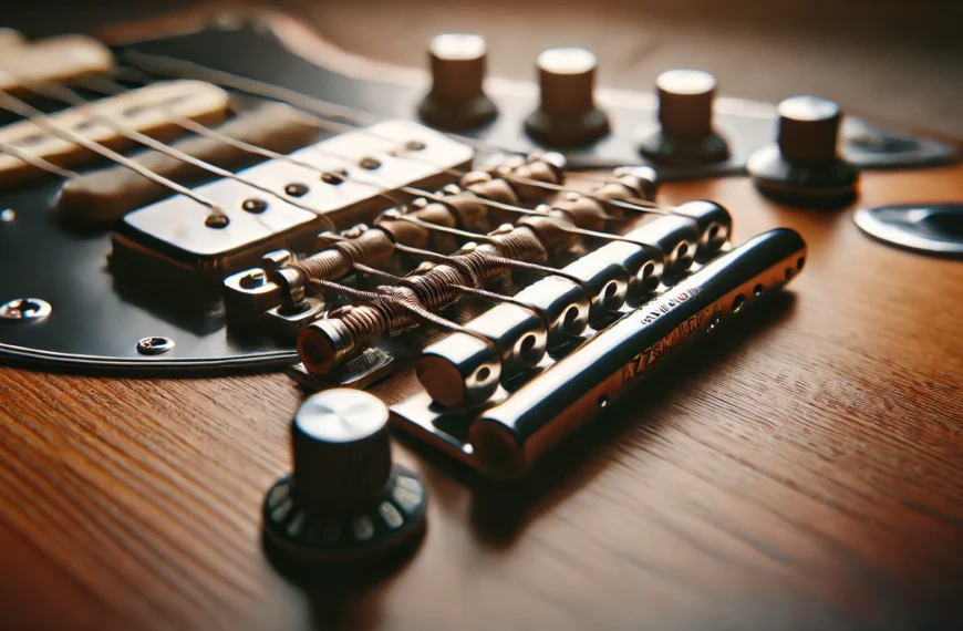 Close-up of intonation screws on a Jazzmaster guitar bridge, illustrating adjustments and mechanics. Intonation Screw Touching Jazzmaster