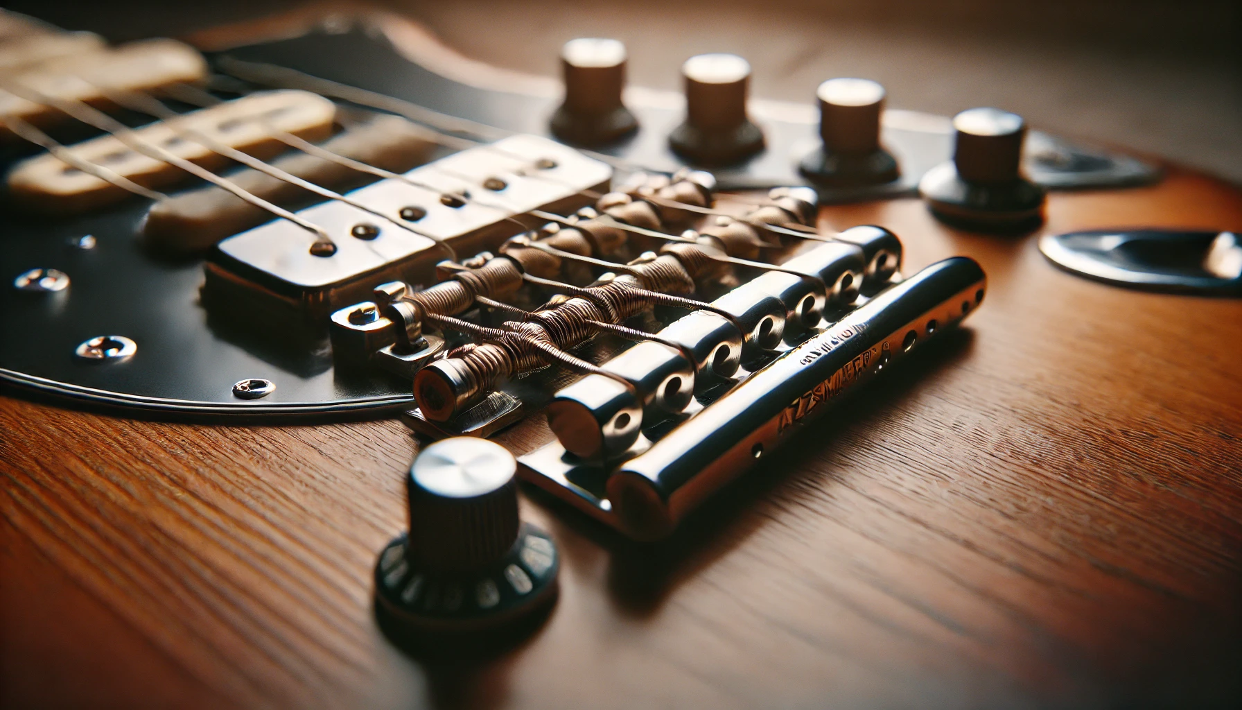 Close-up of intonation screws on a Jazzmaster guitar bridge, illustrating adjustments and mechanics. Intonation Screw Touching Jazzmaster