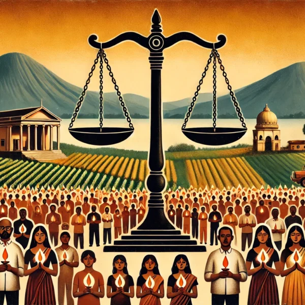 A symbolic depiction of justice scales surrounded by a supportive community, representing JusticeForAtulSubhash.