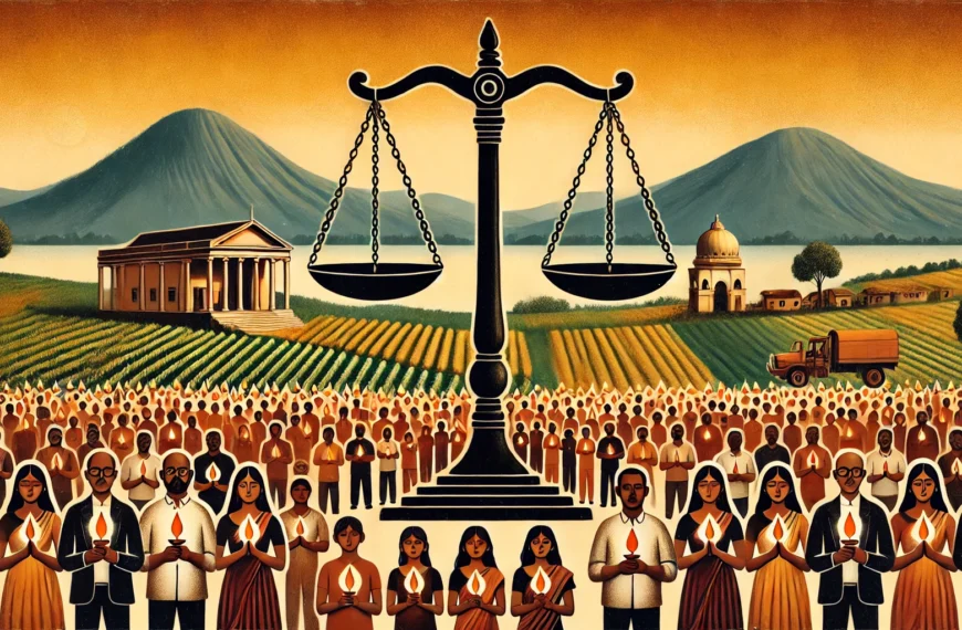 A symbolic depiction of justice scales surrounded by a supportive community, representing JusticeForAtulSubhash.