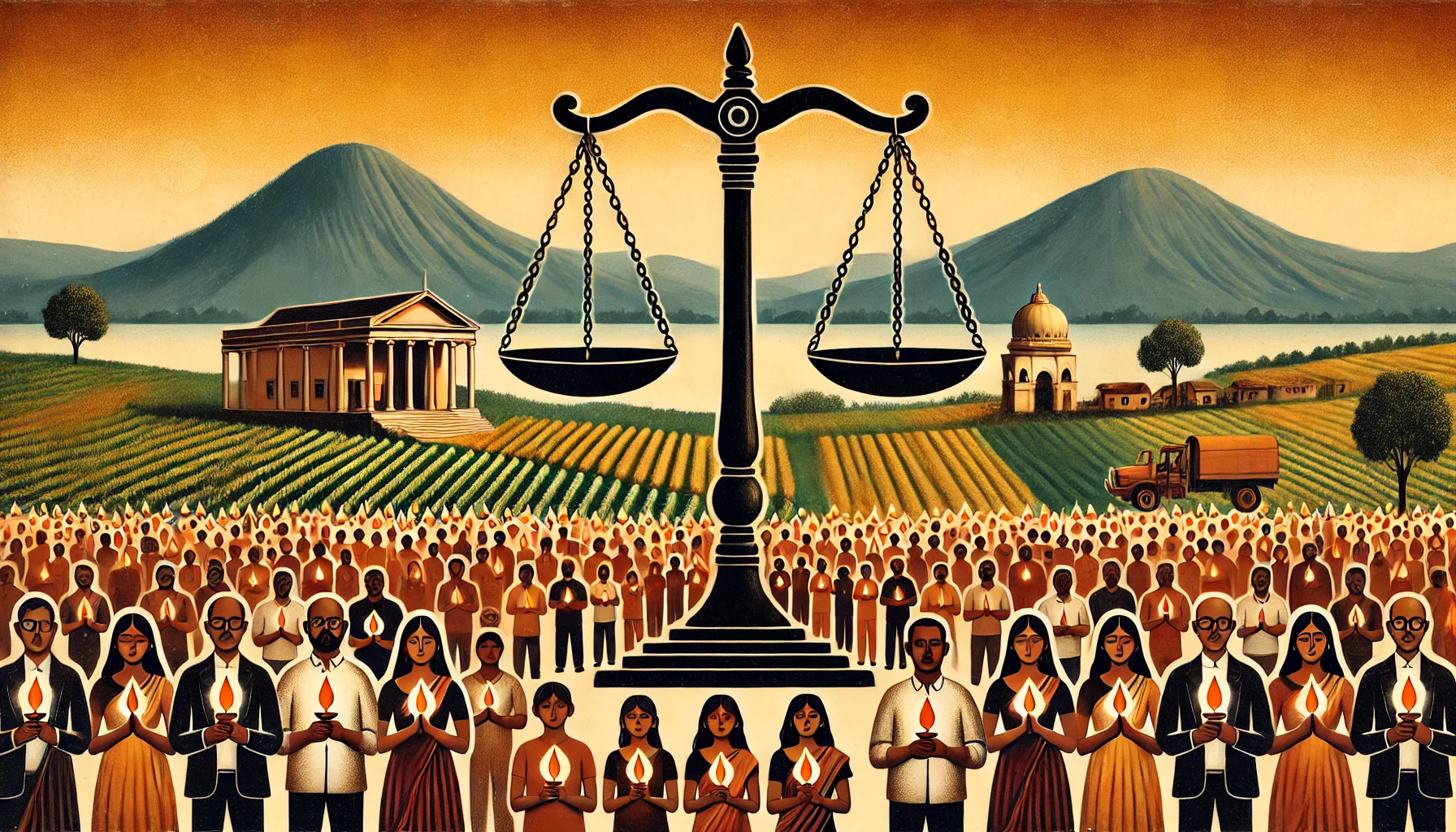 A symbolic depiction of justice scales surrounded by a supportive community, representing JusticeForAtulSubhash.