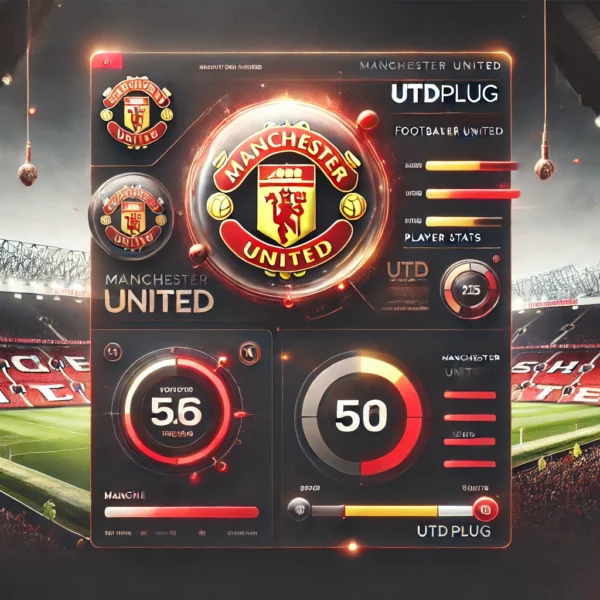 utdplug A modern dashboard combining Manchester United branding with Utdplug's digital interface, showcasing live updates, news, and match stats, with Old Trafford in the background.