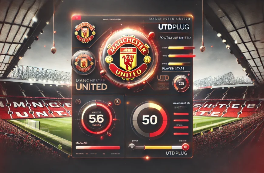 utdplug A modern dashboard combining Manchester United branding with Utdplug's digital interface, showcasing live updates, news, and match stats, with Old Trafford in the background.