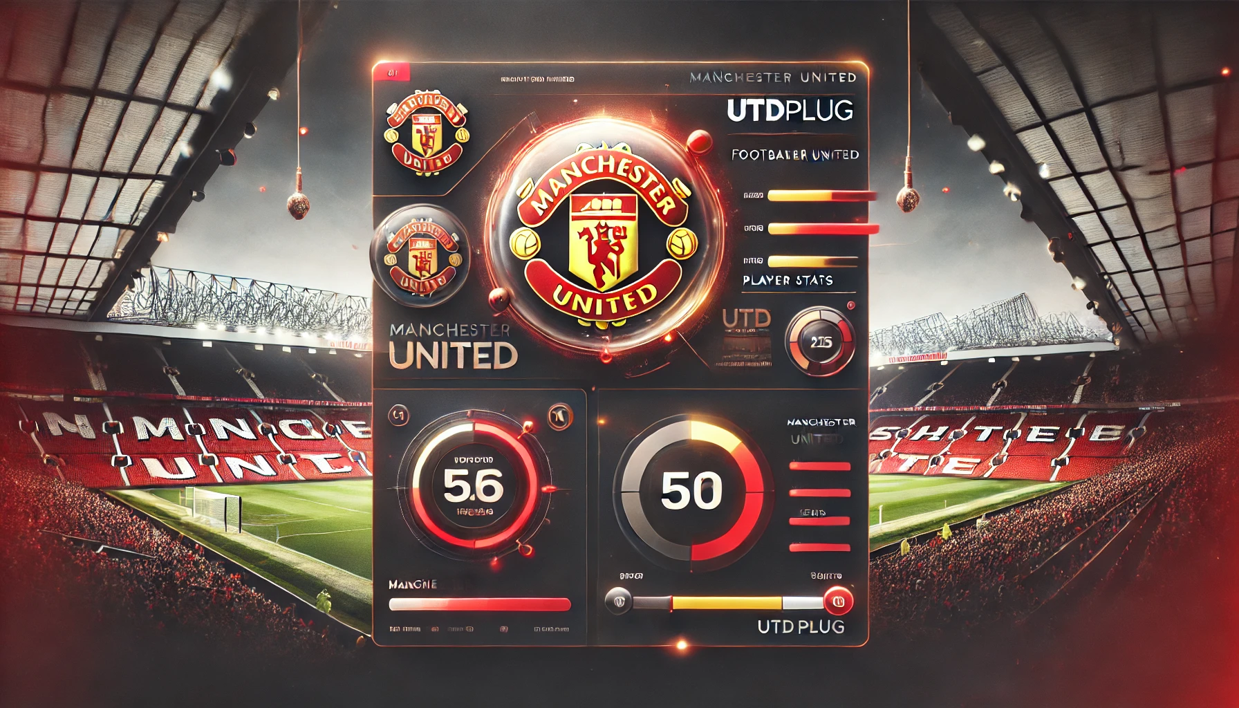 utdplug A modern dashboard combining Manchester United branding with Utdplug's digital interface, showcasing live updates, news, and match stats, with Old Trafford in the background.