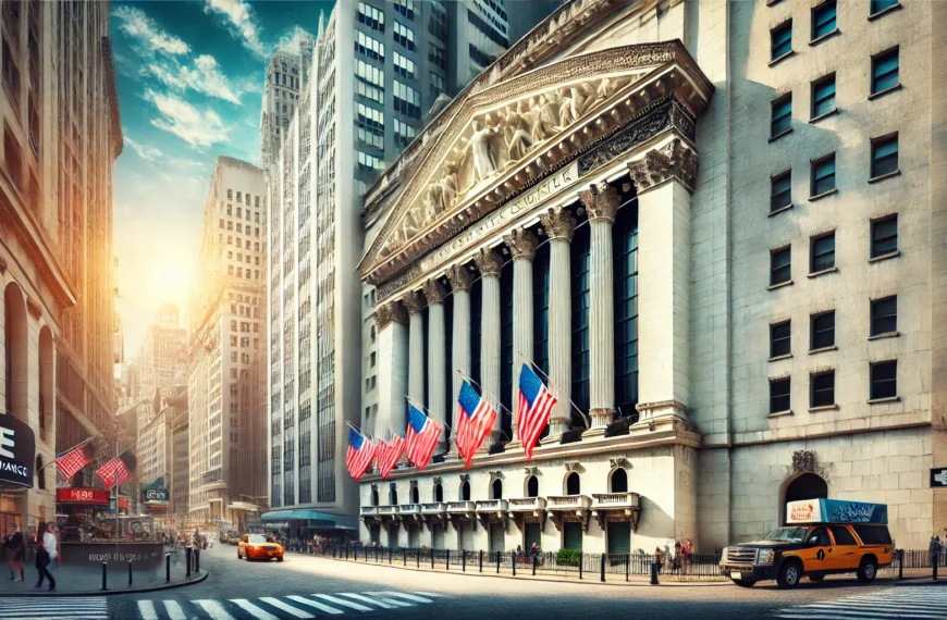 The New York Stock Exchange building in New York City, showcasing its historic facade.