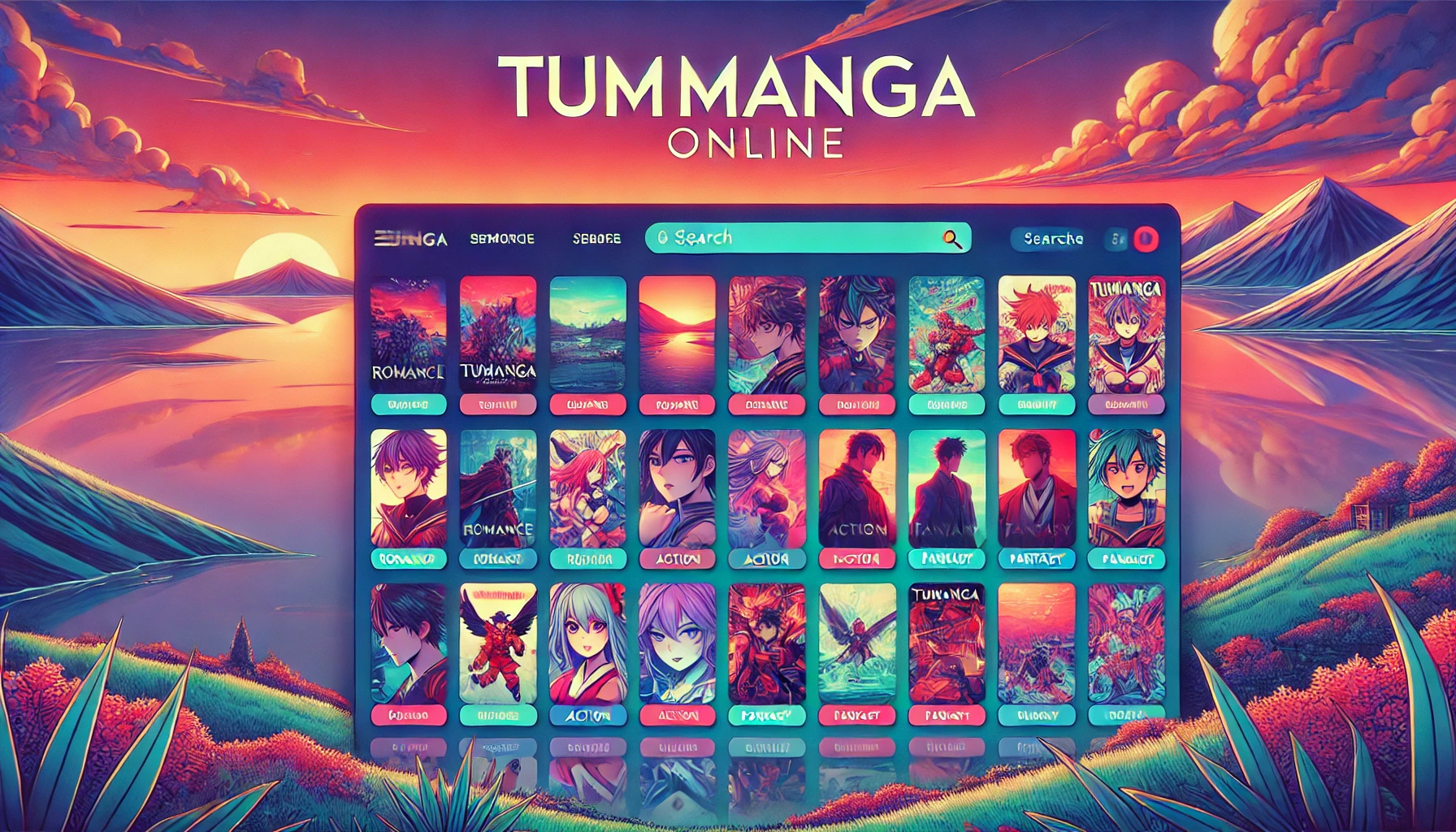 A vibrant landscape image showcasing Tumangaonline homepage with a variety of manga categories displayed attractively.