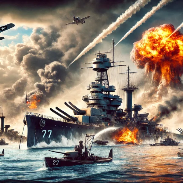 A dramatic scene of Pearl Harbor during the 1941 attack, showing battleships, explosions, and a chaotic wartime atmosphere.