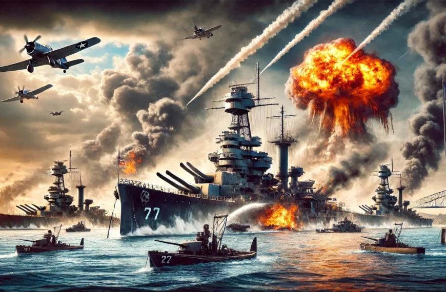 A dramatic scene of Pearl Harbor during the 1941 attack, showing battleships, explosions, and a chaotic wartime atmosphere.