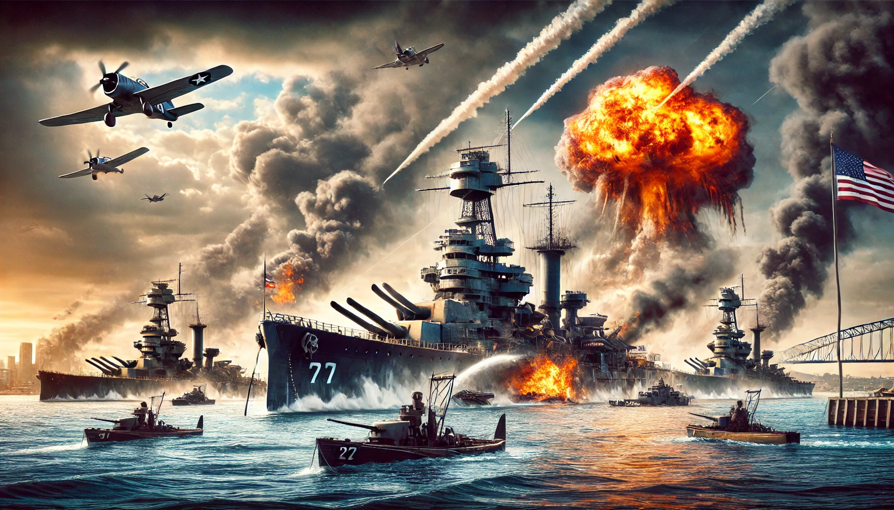 A dramatic scene of Pearl Harbor during the 1941 attack, showing battleships, explosions, and a chaotic wartime atmosphere.