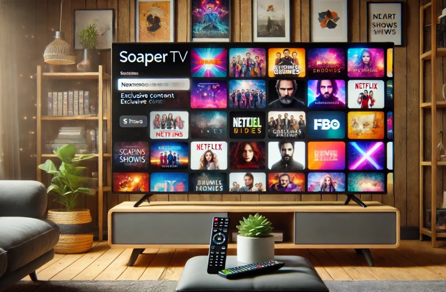 Soaper TV streaming platform with a vibrant TV display and show thumbnails.