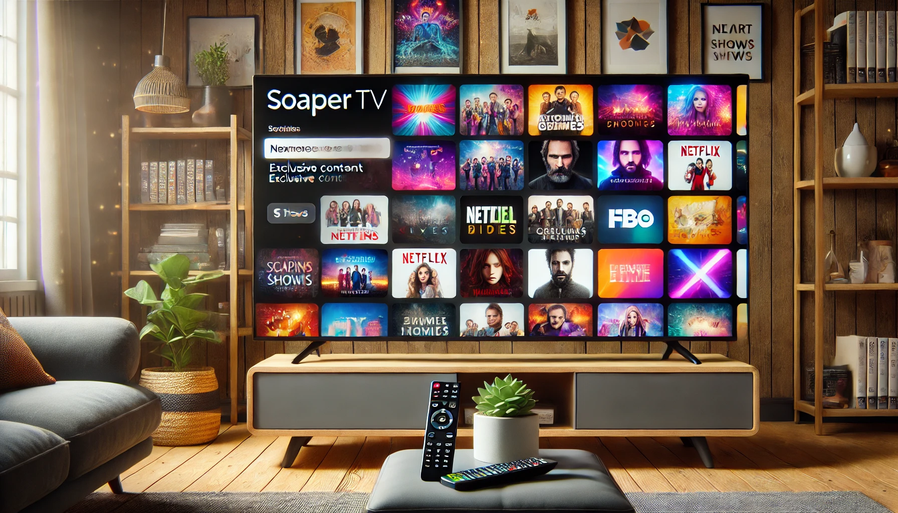 Soaper TV streaming platform with a vibrant TV display and show thumbnails.