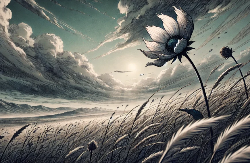 Tears on a Withered Flower A melancholic landscape inspired by the webtoon Tears on a Withered Flower, depicting a wilted flower in a dramatic field.