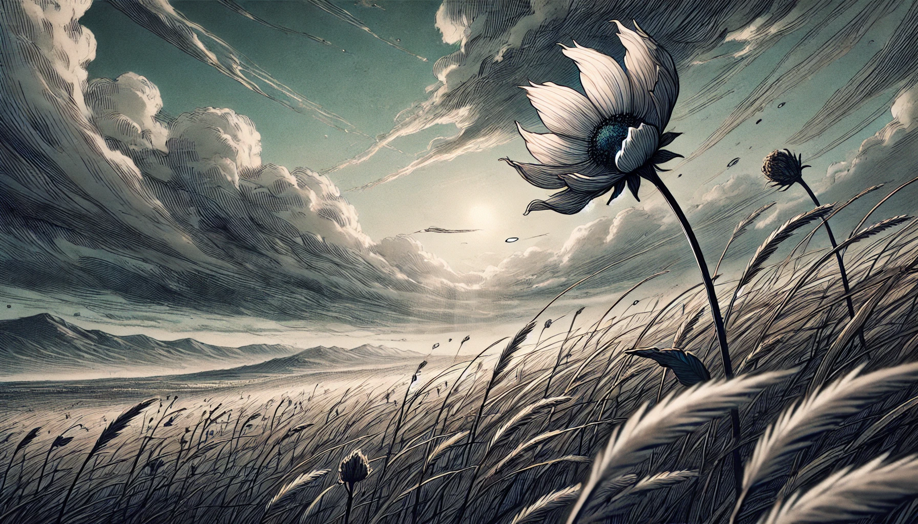 Tears on a Withered Flower A melancholic landscape inspired by the webtoon Tears on a Withered Flower, depicting a wilted flower in a dramatic field.