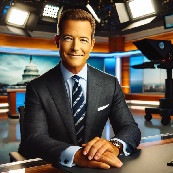 A professional portrait of Greg Kelly as a TV host and journalist in a studio setting.