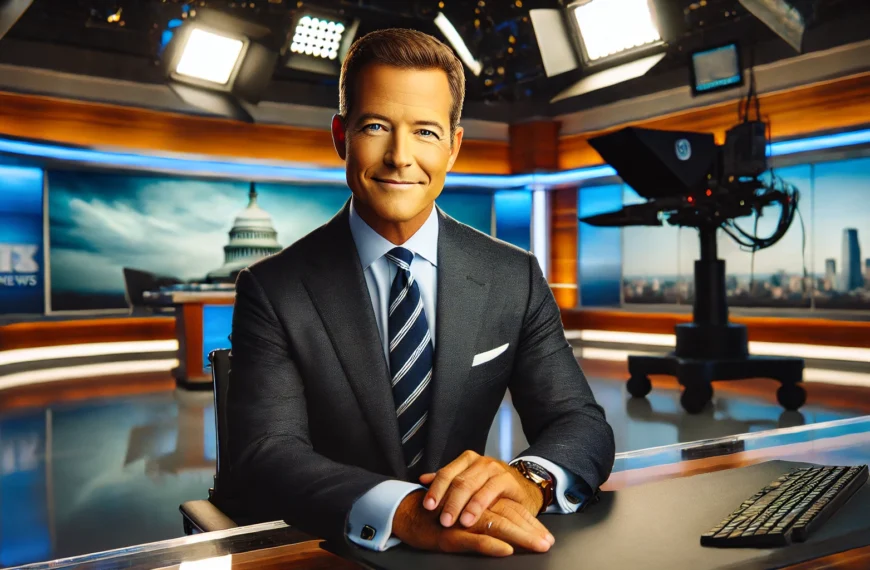 A professional portrait of Greg Kelly as a TV host and journalist in a studio setting.