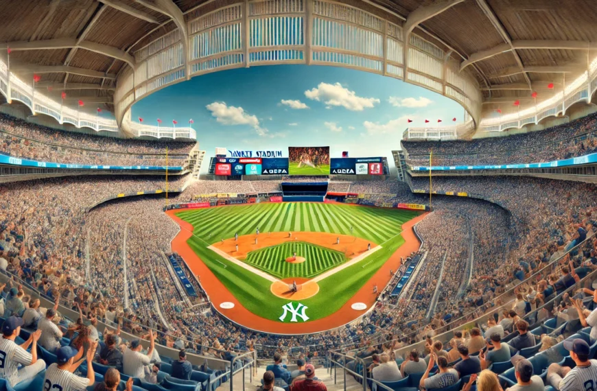 A panoramic view of yankees Stadium during a game, capturing the atmosphere and fans.