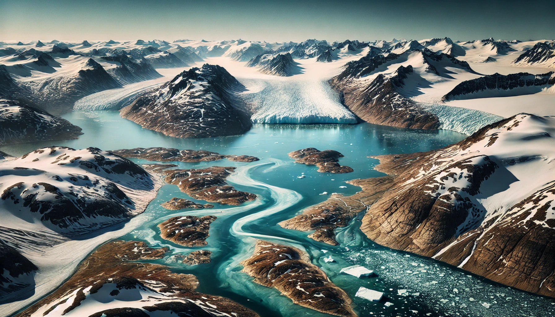 A landscape view of Greenland icy terrain and coastal areas.