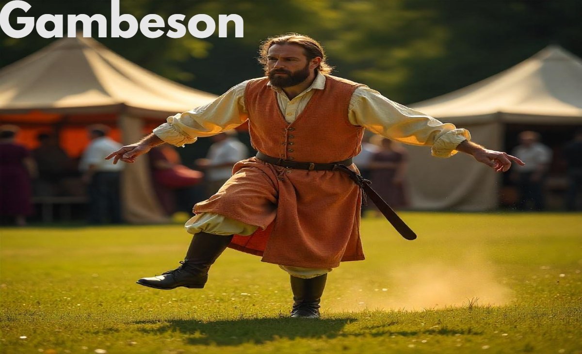 Historical reenactor demonstrating the flexibility of a properly constructed gambeson