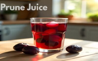 Glass of rich, dark prune juice with fresh prunes on wooden background