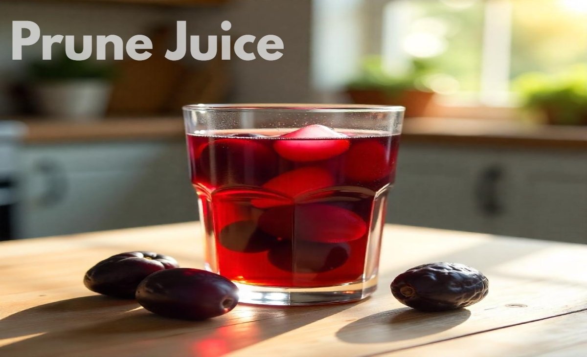 Glass of rich, dark prune juice with fresh prunes on wooden background